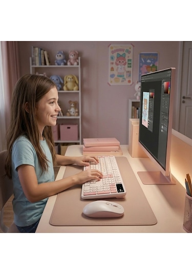 Kablosuz Klavye Mouse Seti Kedi Temalı Sessiz Pembe Beyaz Retro Tablet Laptop Pc Uyumlu Optik