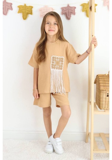 Örme Nakışlı Müslin Şort Takım KREM