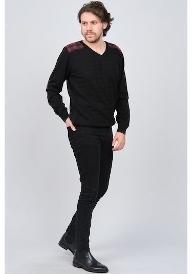 Desen Triko Erkek V Yaka Saf Yün Kazak 0246538 Siyah Siyah