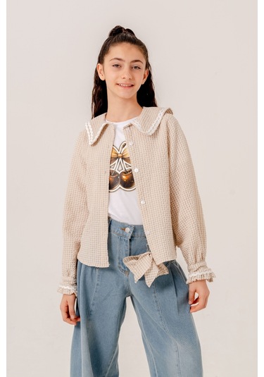 Kız Çocuk Su Taşlı Gömlek T-shirt İkili Takım 1805 Bej