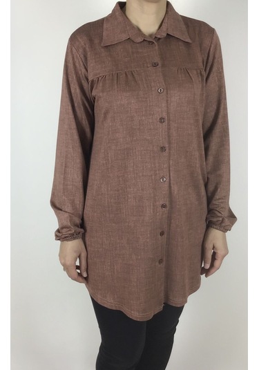 Mevsimlik Kolları Lastikli Boydan Düğmeli Gömlek Kiremit