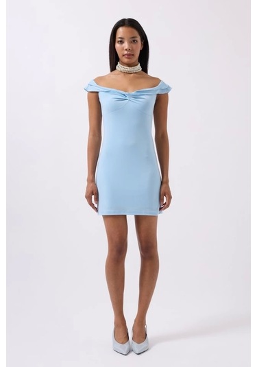 Büzgü Detay Omuz Askılı Mini Elbise Bebe Mavi