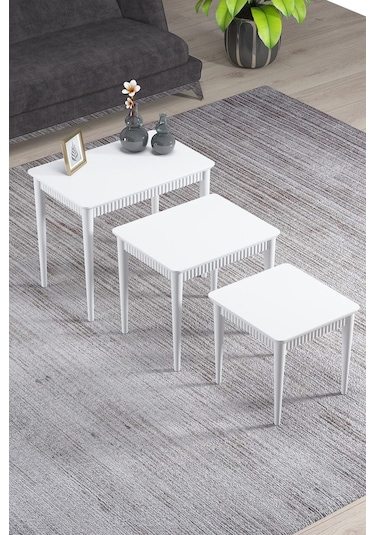 Elegance Beyaz Mdf Lake Boyalı Tabla Gürgen Ayaklı 3 Lü Zigon Sehpa Takımı Çay Sehpası Servis Sehpa Antrasit