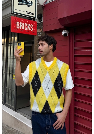 Flaw Baklava Desen Triko Süveter Sarı Sarı