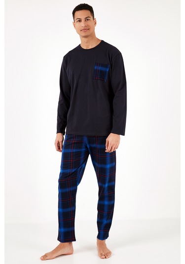 Buratti Ekoseli Cepli Beli Lastikli % 100 Pamuk Regular Fit Erkek Pijama Takımı 6572001 Lacivert-Saks
