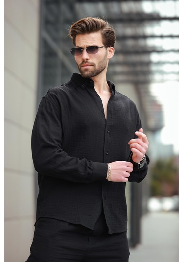 Madmext Siyah Basic %100 Pamuklu Uzun Kollu Erkek Gömlek E6761 Mavi