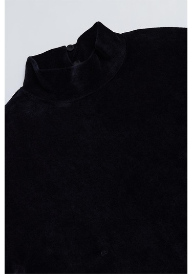 Kids Girl Dik Yaka Kadife Siyah Sweatshirt Siyah