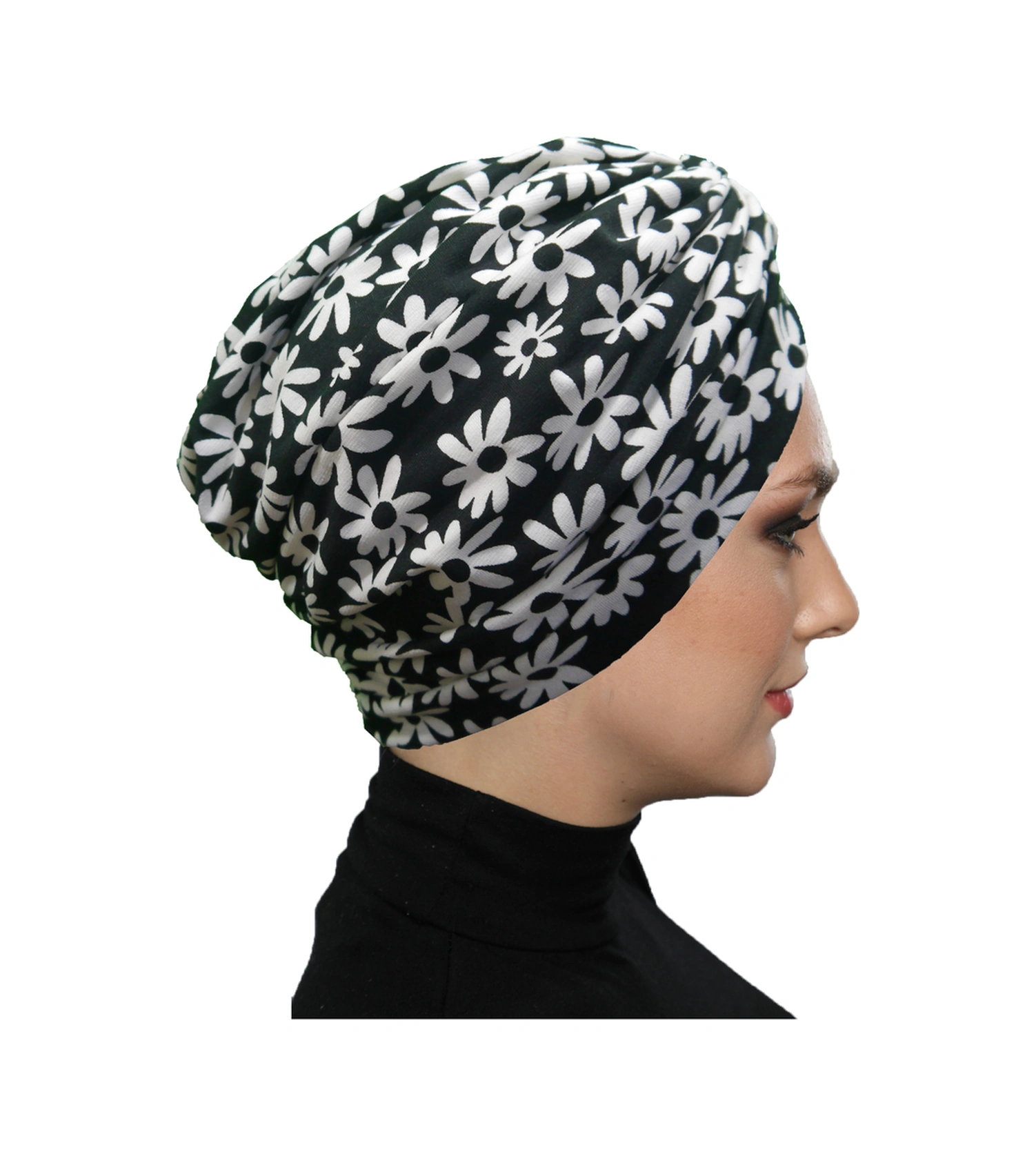 Gece Çiçeği Desenli Çapraz Ve Bant Detaylı Astarlı Hazır Türban Tesettür Havuz Bonesi Siyah-beyaz