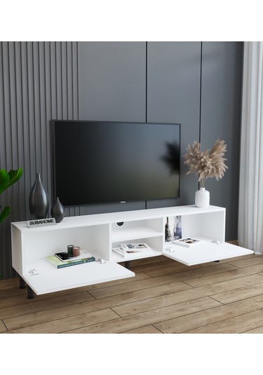 Minimalist 160 Cm Düşme Kapaklı Demir Ayaklı Mdf Beyaz Tv Ünitesi
