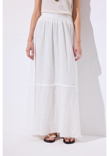 Müslin Katlı Geniş Etek Ekru Ekru