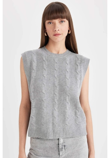 Defacto Regular Fit Bisiklet Yaka Basic Düz Saç Örgü Desenli Triko Süveter C9041ax24wngr66 Gri