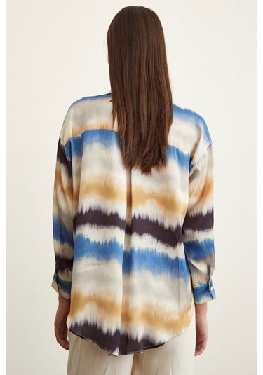 Kadın Uzun Kol Sulu Boya Desenli Renkli Pamuk Saten Premium Kalite Spor Şık Gömlek Mavi