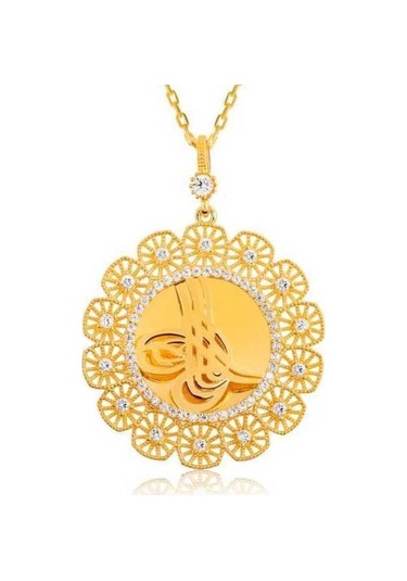 925 Ayar Gümüş Tuğralı Altın Kaplama Kadın Gümüş Kolye