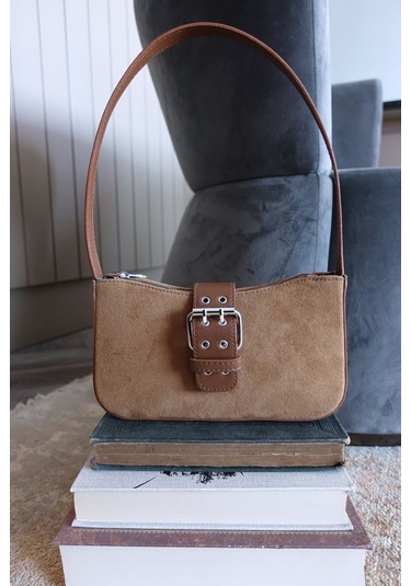 Kadın Süet Kahverengi Tokalı Vintage Görünüm Omuz Çantası 268 Süet Taba