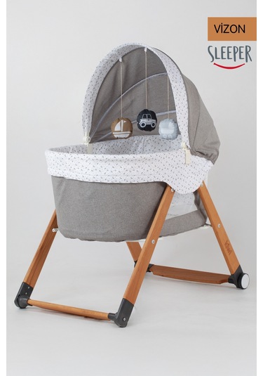 Kiwi Sleeper Anne Yanı Beşik, Portatif, Sallanır, Katlanır, Tekerlekli Bebek Beşiği - Luna Desen Vizon