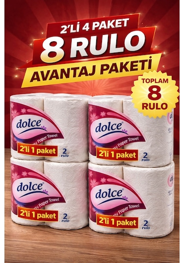 Dolce Çift Katlı Kağıt Havlu 2'li Rulo 4 Paket Yüksek Emicili Çok Amaçlı Kağıt Havlu