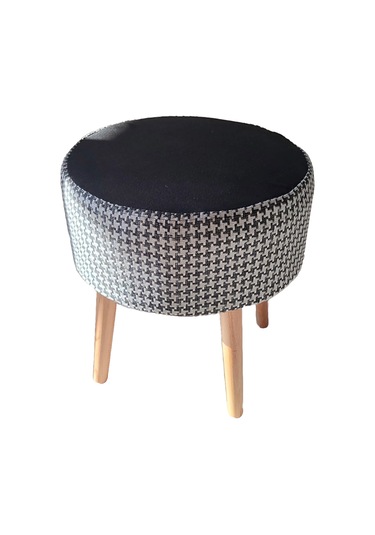 Puf Koltuk Tabure - Kaz Ayağı Siyah Keten - Ahşap Gürgen Ay
