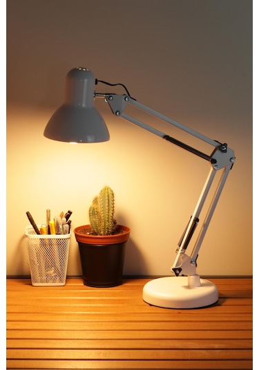 Akrobat Masa Lambası Yaylı Metal 360 Ayarlanabilir Çalışma Okuma Lambası Beyaz Beyaz