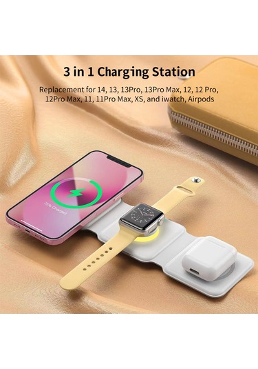 Leezsing Ym588 Katlanabilir 3'lü Kablosuz Şarj İstasyonu - Beyaz Abs Malzeme