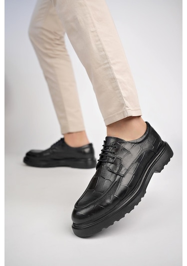 Muggo Norman Garantili Günlük Klasik Hakiki Deri Casual Rahat Ortopedik Kalın Taban Erkek Ayakkabı Siyah