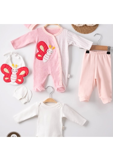 Candar 3 Ay Kelebek Nakışlı Puanlı Tulumlu Kız Bebek 5'li Set Pembe