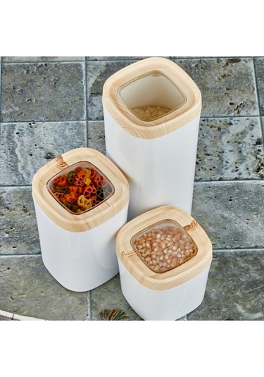 Ceronni Bonny Erzak Saklama Kabı 3lü Set Ahşap Kaplama Kapak Renkli Hazne 1,8lt - 1lt - 600ml Açık Ahşap Ahşap
