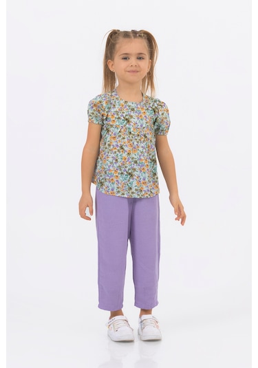 Kız Çocuk Dokuma Üst Keten Pantalon Model Alt-üst Takım Lila
