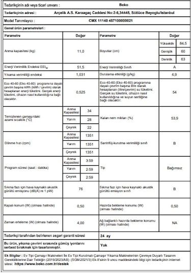 Beko CMX 11140 11 KG 1400 Devir Çamaşır Makinesi