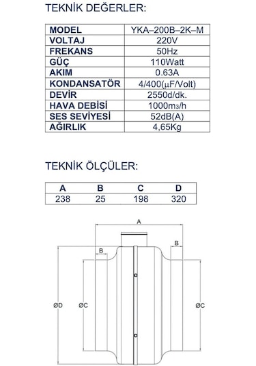 Ayas Yka-200B Yuvarlak Kanal Tipi Fan