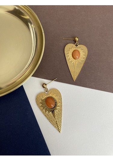 Turuncu Taş Kalkan Çelik Kararmaz Küpe Çifti Altın