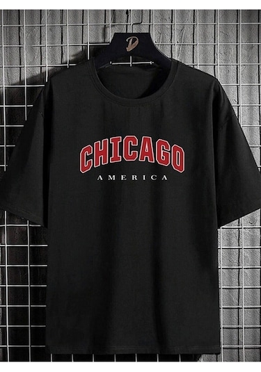 Erkek Siyah Oversize Chıcago Baskılı Örme T-shirt Siyah-66617