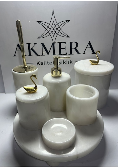 Mermer Top Ayaklı Standlı 7 Parça Lüks Banyo Seti Altın - Beyaz