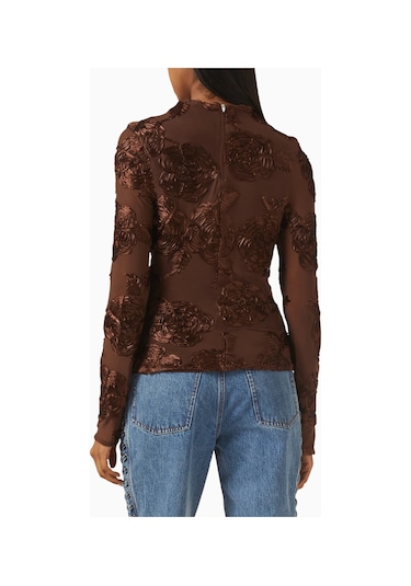 Rotate Birger Christensen Çiçek Aplikeli Fitted Mesh Kadın Üst, Şık Ve Romantik Bluz Kahverengi