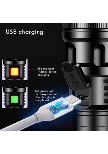 Led Güçlü Işık El Feneri Süper Parlak Uzun Menzilli Şarj Edilebilir Dış Mekan El Feneri M11-t6 1x18650 Lityum Siyah