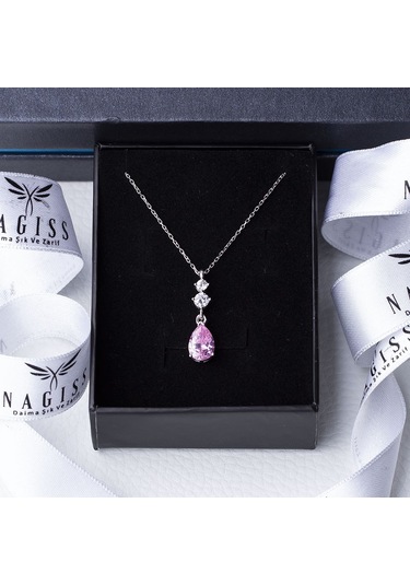 Pembe Damla Model Zirkon Taşlı 925 Ayar Gümüş Kadın Kolye Gümüş - Rodyum