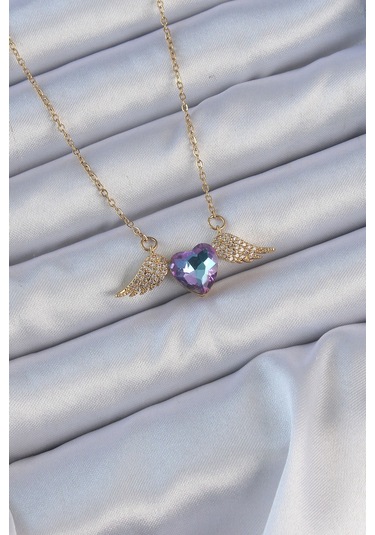 316l Çelik Zincir Altın Renk Mavi Mor Zirkon Taşlı Kanatlı Kalp Kolye - Tj-bko9161 Gümüş