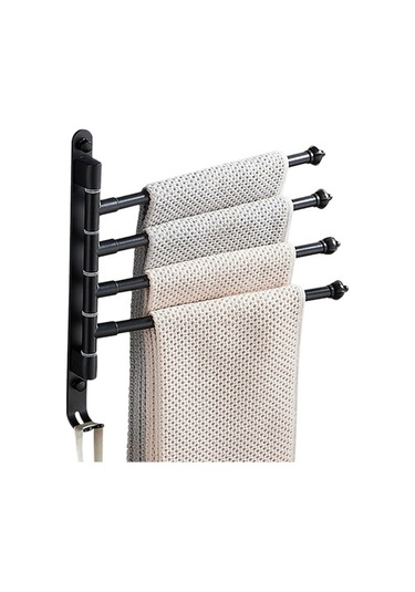 Siyah Alüminyum 4 Çubuklu 180 Döner, Perfore Montajlı, Kancalı, Dayanıklı Banyo Havluluk Rafı 30cm Siyah Siyah