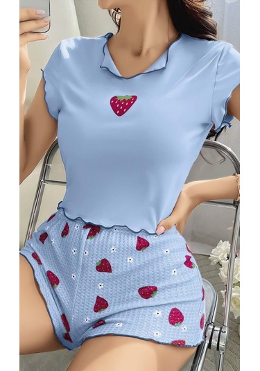 Çilek Desenli Mavi Seksı Pijama Takım Mavi