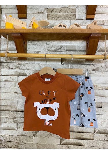 Aysbebe Köpek Desenli Şortlu Yazlık Takım Kiremit