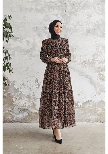 Neşeli Butik Kadın Leopar Desenli İthal Kumaş Tesettür Şifon Elbise Sms028 Siyah