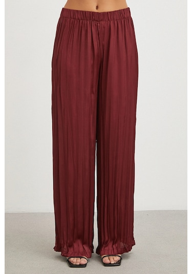 Uterpe Mürdüm Pliseli Saten Pantolon Bordo