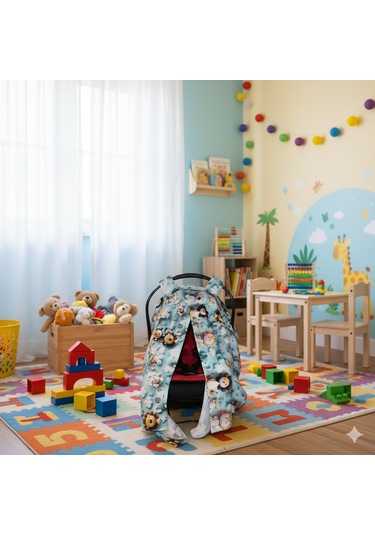 Sevimli Hayvan Desenli 3D Dijital Baskı Pamuk Müslin Kumaş Puset Örtüsü Mavi