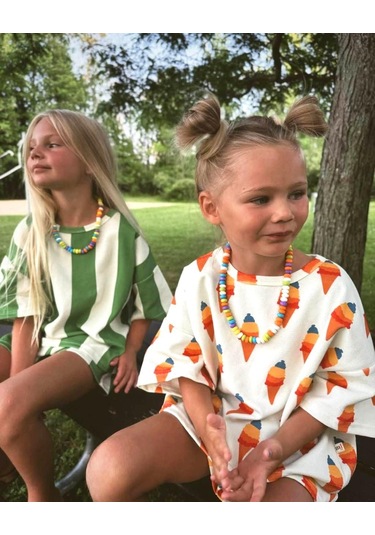 Dondurma Desenli Kız Çocuk Şortlu Takım Krem