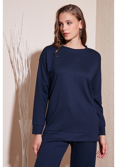 Lela Streç Oversize Fit Bisiklet Yaka Modal Kumaş Bayan Sweat 5865877 Lacivert