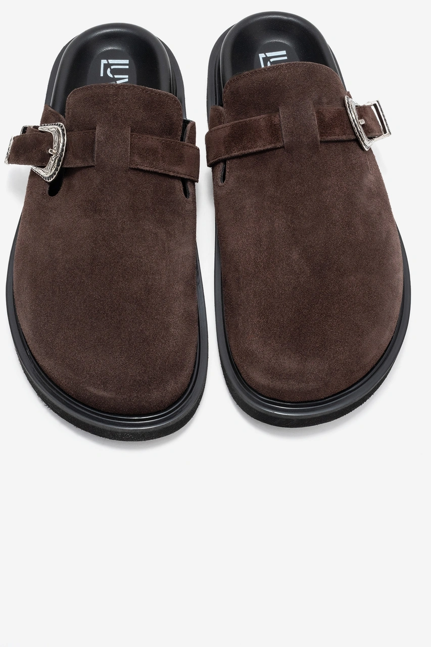 Vesta Kahverengi Süet Tokalı Hakiki Deri Kadın Burnu Kapalı Terlik Kahverengi