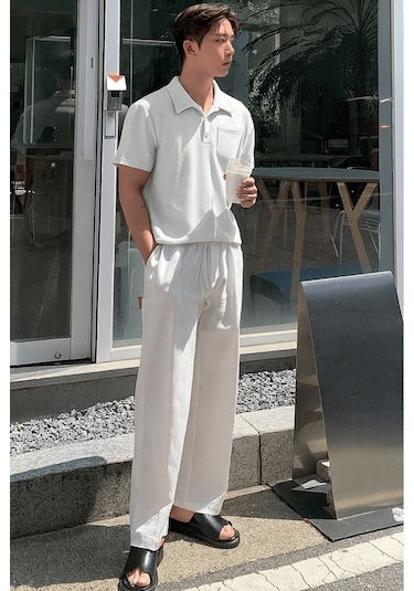 Genius Store Erkek Oversize Polo Yaka Waffle T-shirt Poloyaka-düğmeli Beyaz