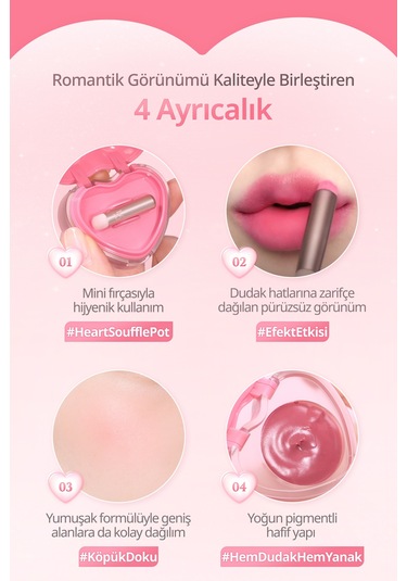 Dasique Kalp Tasarımlı Yoğun Pigmentli Köpük Yapılı Kadife Bitiş Sunan Ruj Souffle Color Pot 03 Coral Choux 03 Coral Choux