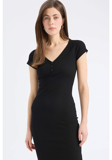 DeFacto Bodycon Vücudu Saran V Yaka Fitilli Kaşkorse Kısa Kollu Midi Elbise E7368AX25SPBK81