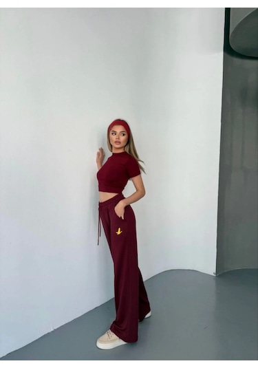 Reka Moda Osy Modal Yumuşak Dokulu Kumaş Nakış Işlemeli Rahat Bol Paça Eşofman Pantalon - Bordo Bordo