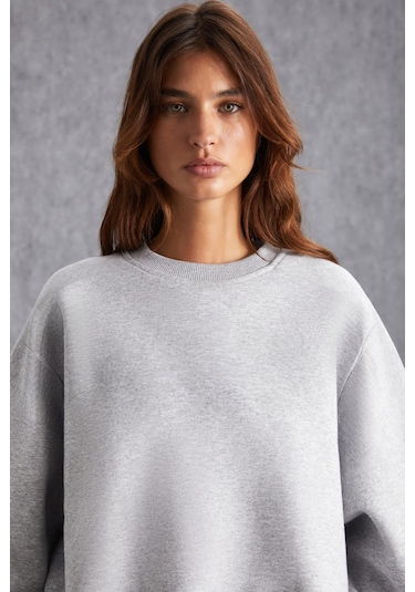 Vaneltına  Kadın Içi Polarlı 3 Iplik Organik Pamuk Oversize Basic Bisiklet Yaka Grimelanj Sweatshirt